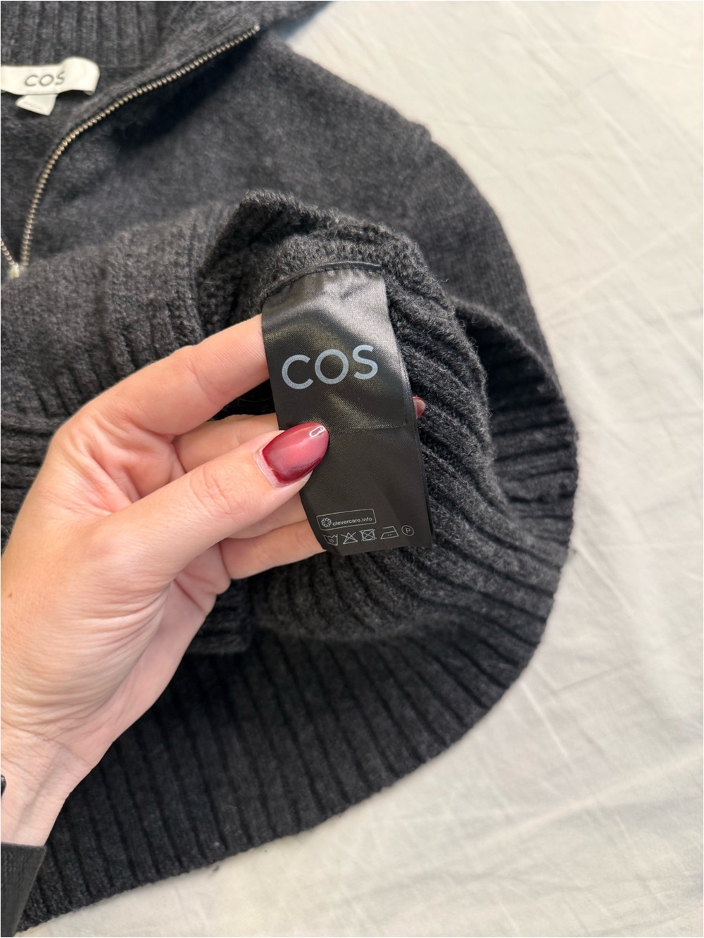 COS Women's Charcoal Zip-Up Ribbed Hem Wool Sweater - Picture 3 of 3